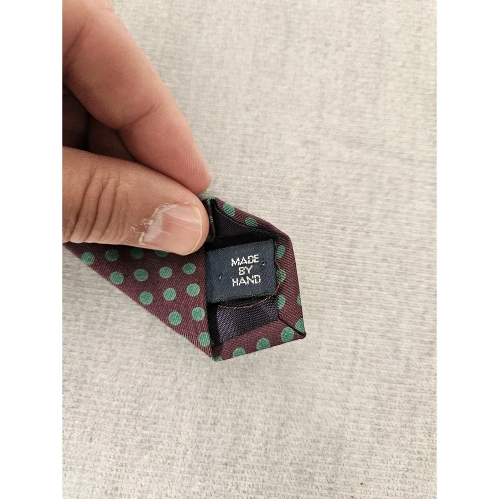 Polo Ralph Lauren Tie Silk Burgundy Green Polka Dot Made in USA Handmade Necktie